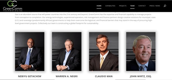 A screenshot of GreenComm Technologies’s “Meet the team” website page. It features CEO Nebiyu Getachew and COO Warren Negri.SCREEN GRAB OF GREENCOMM TECHNOLOGIES