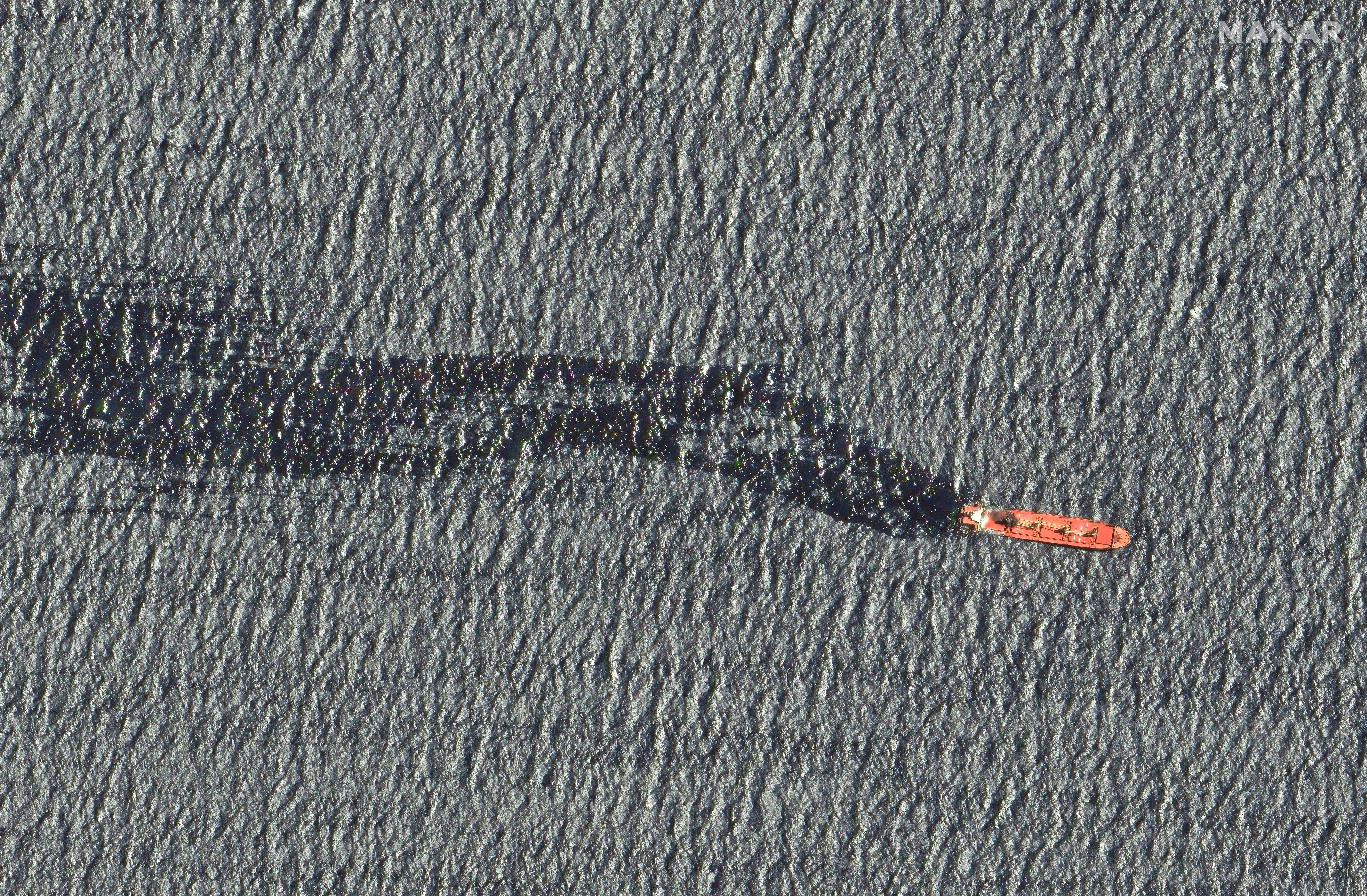 A satellite image shows the cargo ship Rubymar before it sank, on the Red Sea