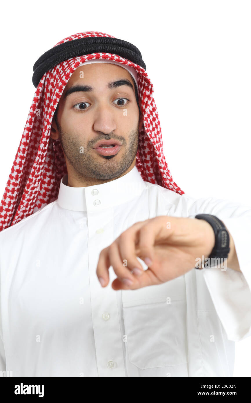 arab-saudi-emirates-man-looking-his-watch-too-late-isolated-on-a-white-E0C02N.jpg