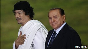 Libyan leader Col Muammar Gaddafi (left) in Rome with Italian PM Silvio Berlusconi, 30 Aug 10