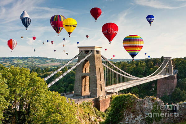 Bristol Balloon Fiesta display over Clifton Suspension Bridge Art Print by  Daugirdas Racys