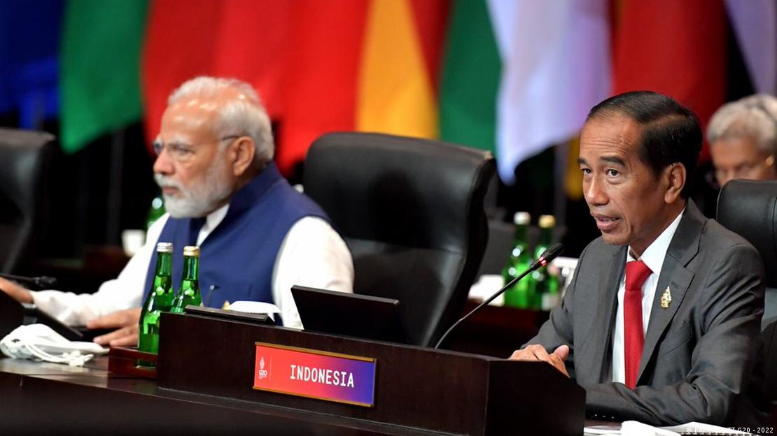 Indonesian President Joko Widodo and Indian Prime Minister Narendrah Modi sitting next to each other during closing statements at the G20 summit in Bali